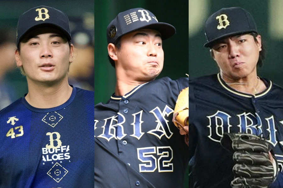 オリックスとの育成契約が発表された前佑囲斗、横山楓、宜保翔（左から）【写真：荒川祐史、北野正樹、小林靖】