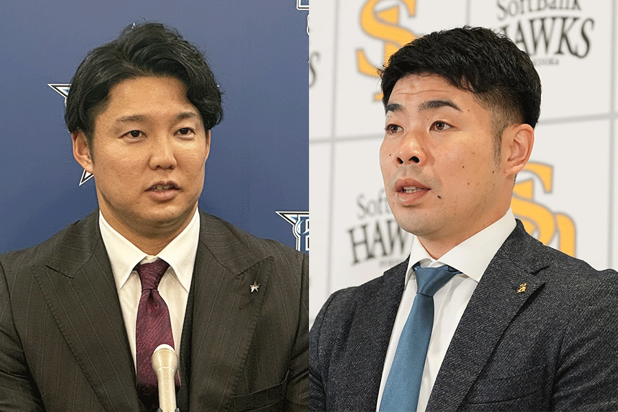 契約更改に臨んだDeNA・森原康平（左）とソフトバンク・近藤健介【写真：町田利衣、冨田成美】