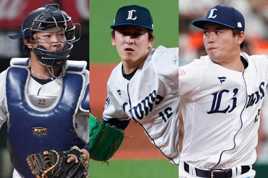 西武・古賀悠斗、隅田知一郎、佐藤隼輔（左から）【写真：小林靖、小池義弘】