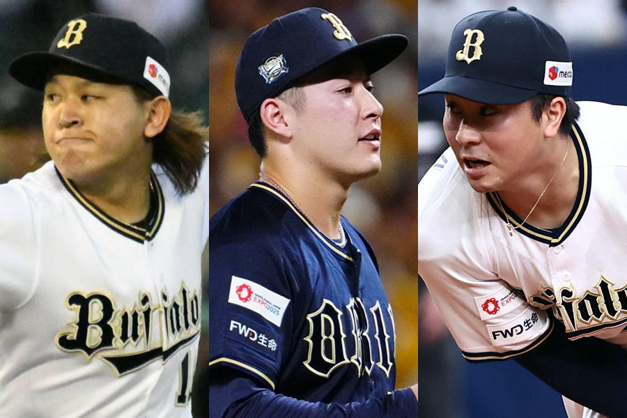 オリックス・宮城大弥、吉田輝星、古田島成龍（左から）【写真：北野正樹、栗木一考】