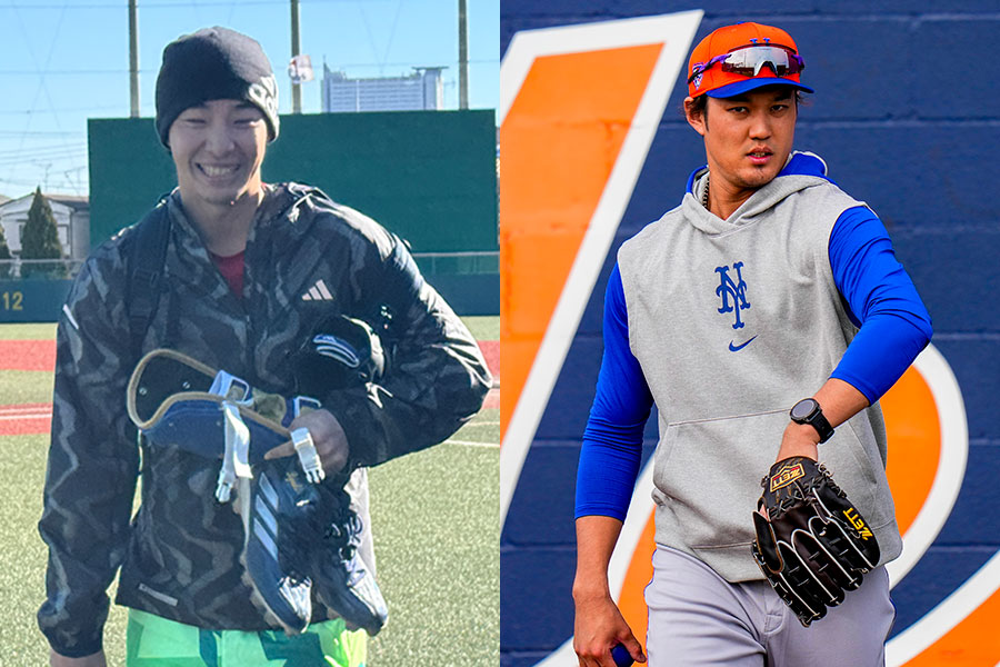 自主トレを行ったDeNA・度会隆輝（左）と藤浪晋太郎【写真：町田利衣、Getty Images】