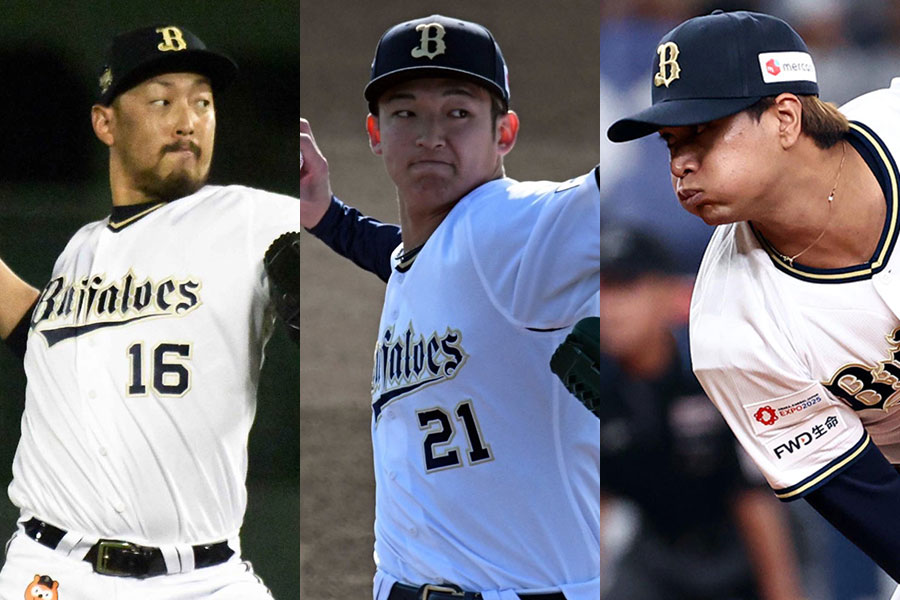 オリックス・平野佳寿、山崎颯一郎、宇田川優希（左から）【写真：栗木一考、北野正樹】