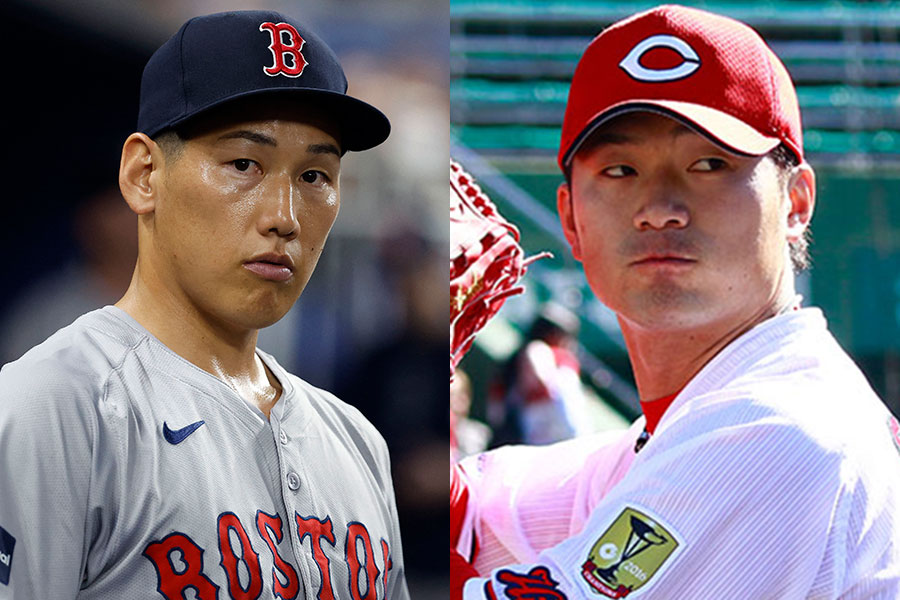 レッドソックス・吉田正尚（左）と元広島・岡田明丈【写真：ロイター、荒川祐史】