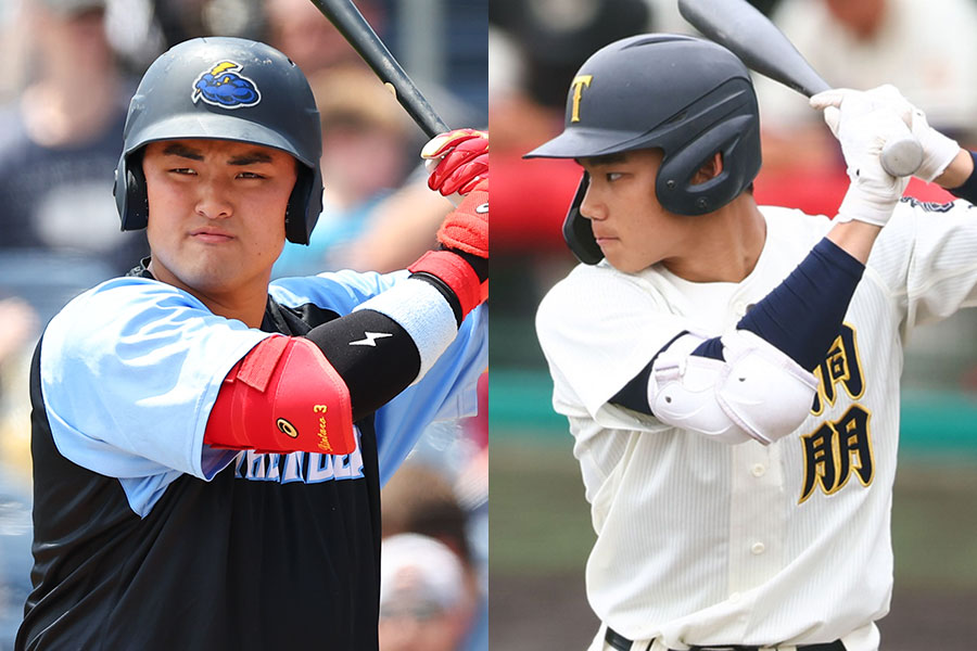 スタンフォード大・佐々木麟太郎（左）とアスレチックスとマイナー契約を結んだ森井翔太郎【写真：Getty Images、本人提供】