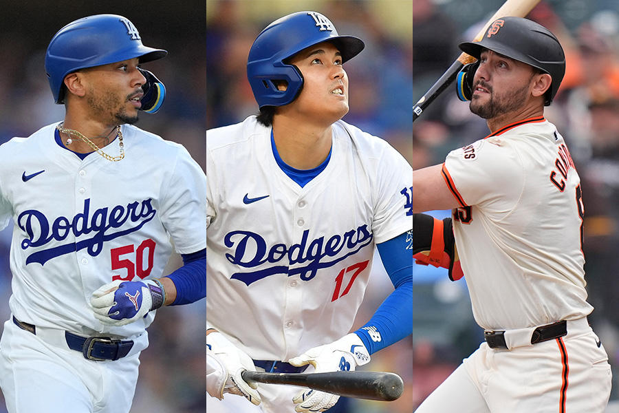 ドジャースのムーキー・ベッツ、大谷翔平、マイケル・コンフォート（左から）【写真：ロイター、Getty Images】