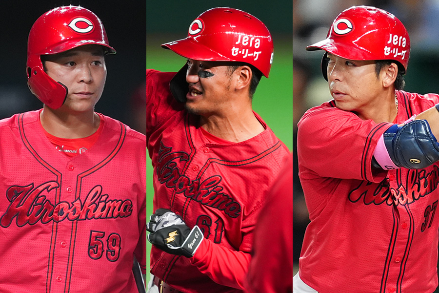 広島・大盛穂、矢野雅哉、野間峻祥（左から）【写真：イワモトアキト】