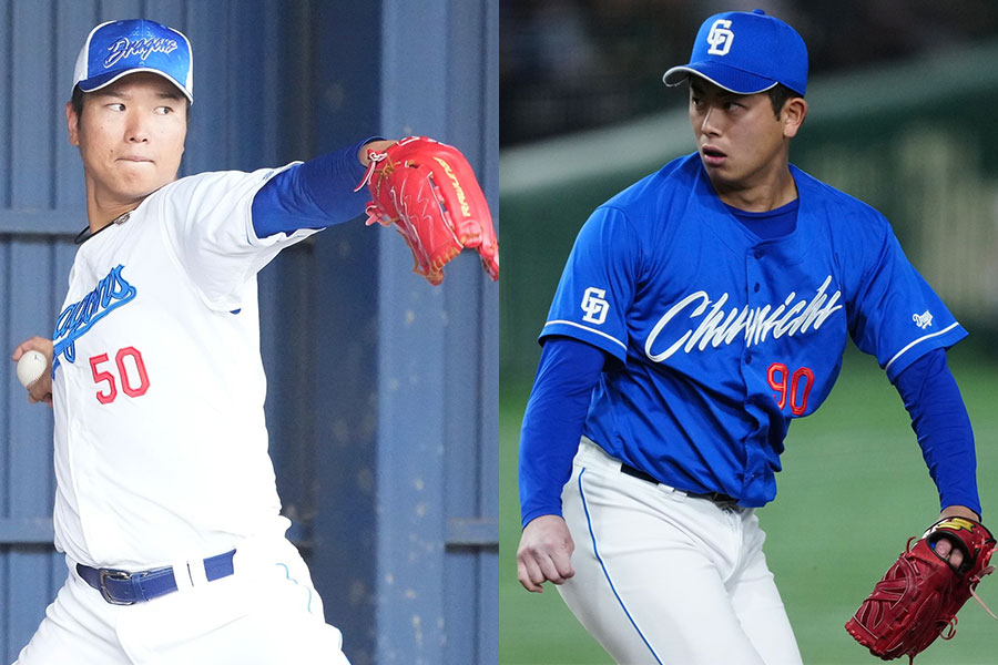 中日・清水達也（左）と松山晋也【写真：小林靖、矢口亨】