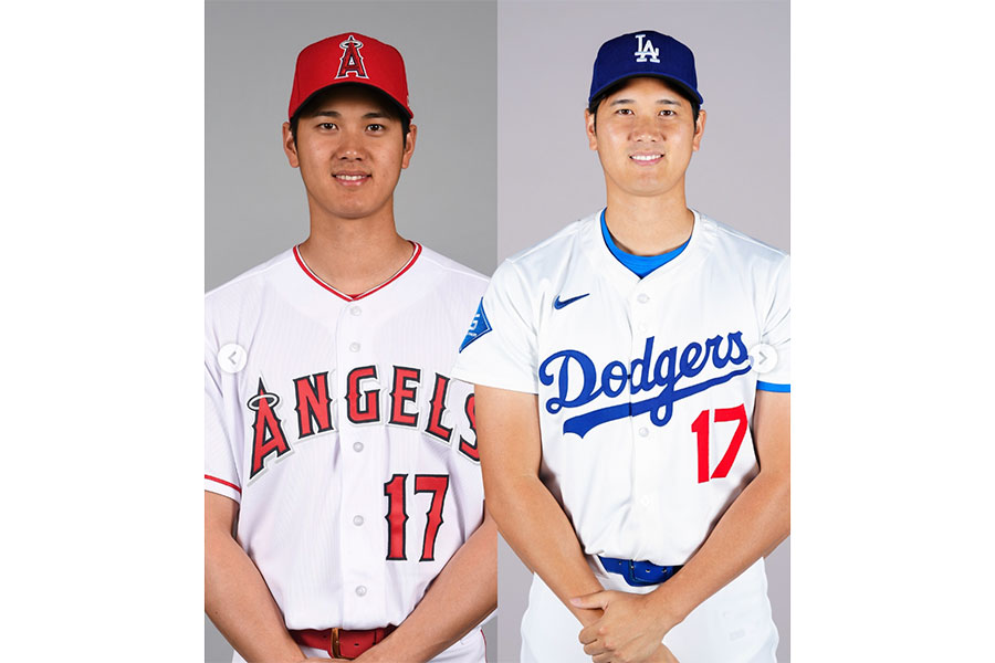 エンゼルス時代の大谷翔平（左）とドジャース・大谷翔平（写真はスクリーンショット）