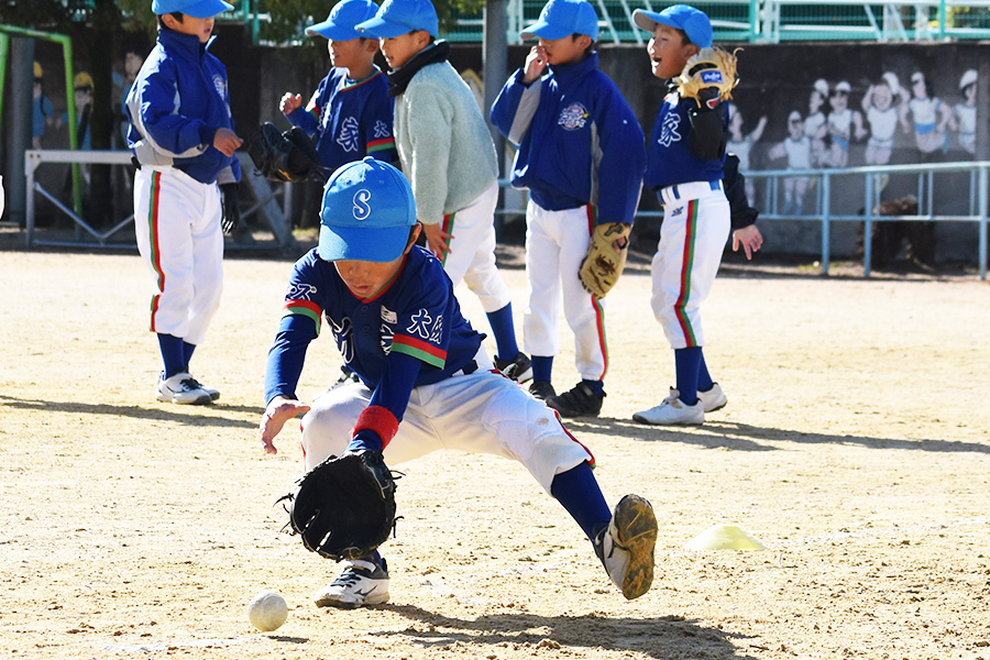 新家スターズ・ジュニアチームのゴロ捕球練習【写真：高橋幸司】