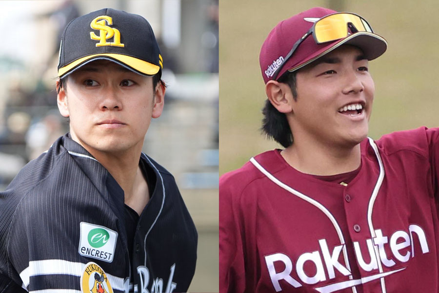 ソフトバンク・伊藤優輔（左）と楽天・小森航太郎【写真：冨田成美、栗木一考】