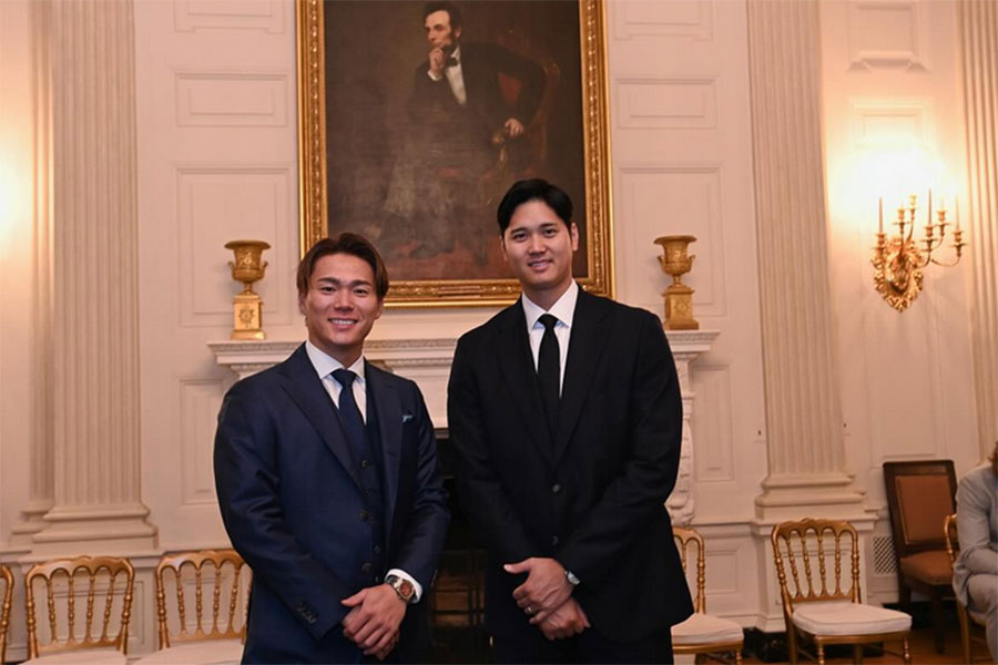 大谷翔平がSNSで公開したホワイトハウス表敬訪問時の様子（写真はスクリーンショット））