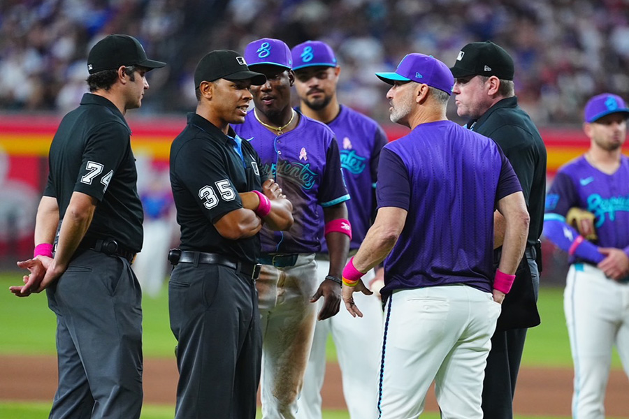 マウンド上で抗議するDバックスのトーリ・ロブロ監督【写真：荒川祐史】