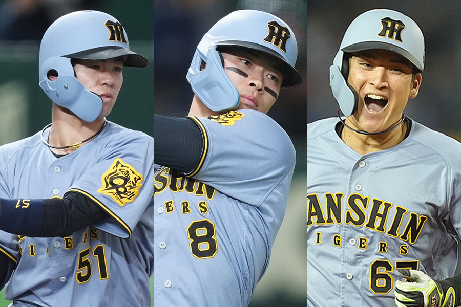 阪神・中野拓夢、佐藤輝明、高寺望夢（左から）【写真：矢口亨、産経新聞社】