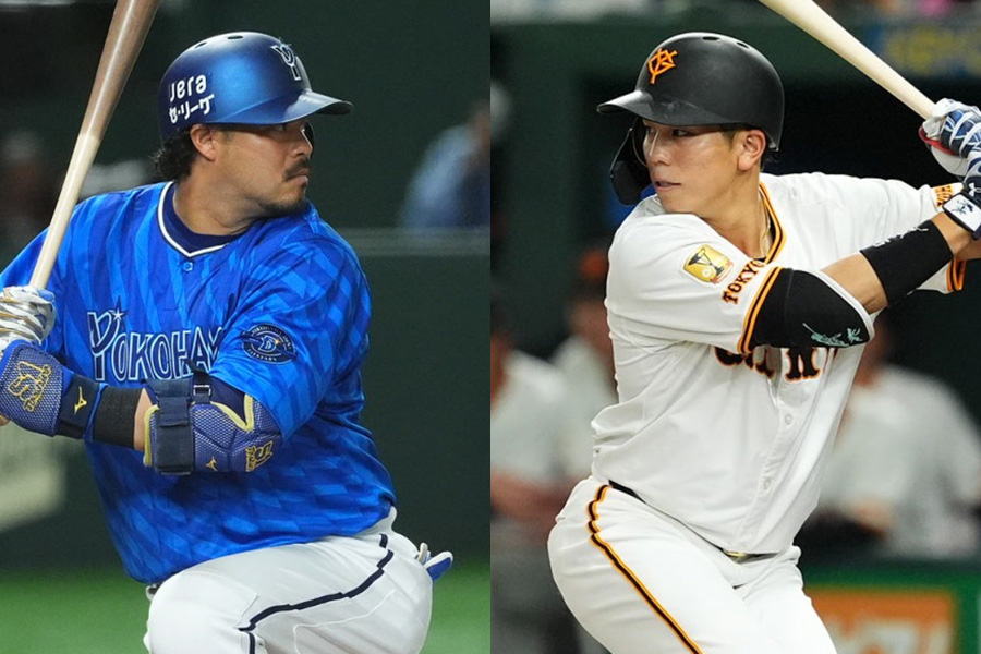 DeNA・宮崎敏郎（左）と巨人・門脇誠【写真：小林靖】