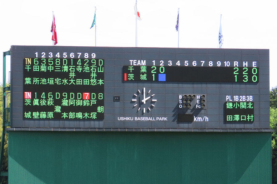 スコアボードにはDHが複数人並ぶ【写真：片倉尚文】