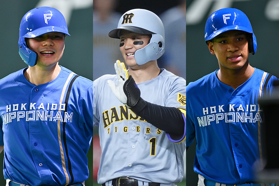 日本ハム・清宮幸太郎、阪神・森下翔太、日本ハム・万波中正(左から)【写真:矢口亨、古川剛伊】