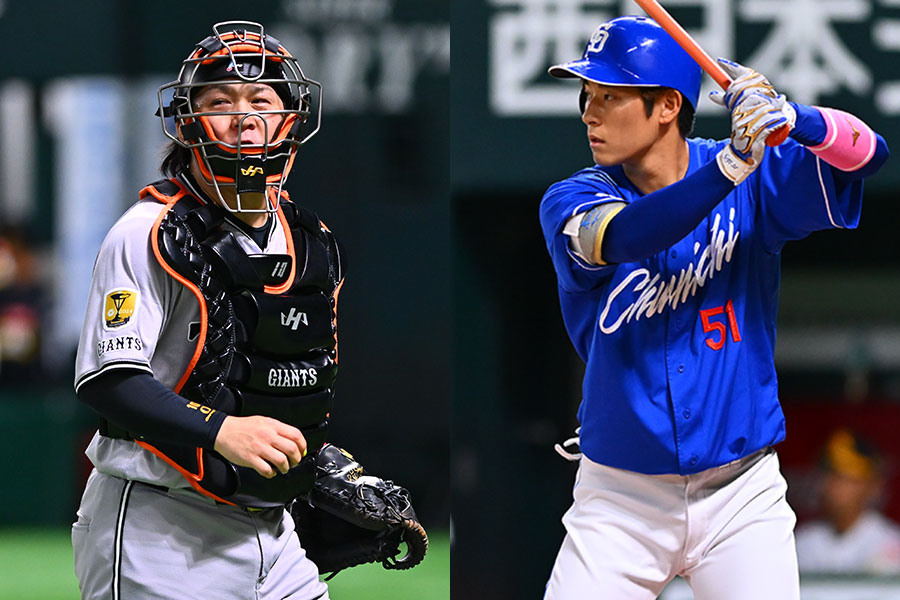 巨人・甲斐拓也(左)と中日・上林誠司【写真:古川剛伊】