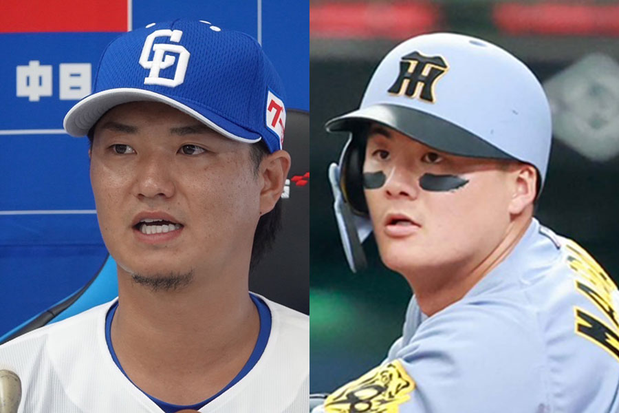 中日・佐藤龍世（左）と阪神・前川右京【写真：木村竜也、小林靖】