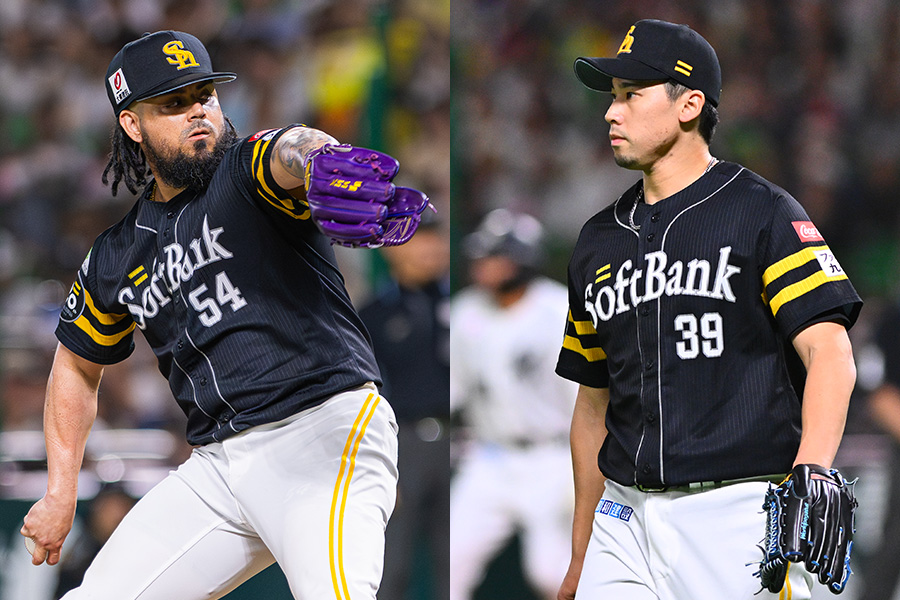 ソフトバンクのロベルト・オスナ(左)と尾形崇斗【写真:古川剛伊】