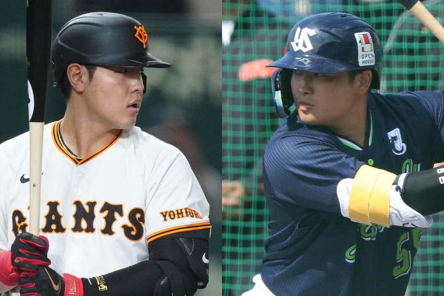 巨人・岡本和真（左）とヤクルト・村上宗隆【写真：矢口亨、栗木一考】