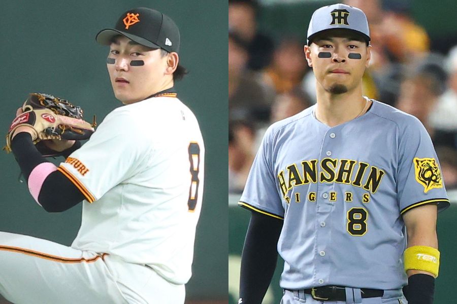 試合に出場した巨人・丸佳浩（左）と阪神・佐藤輝明【写真：加治屋友輝】