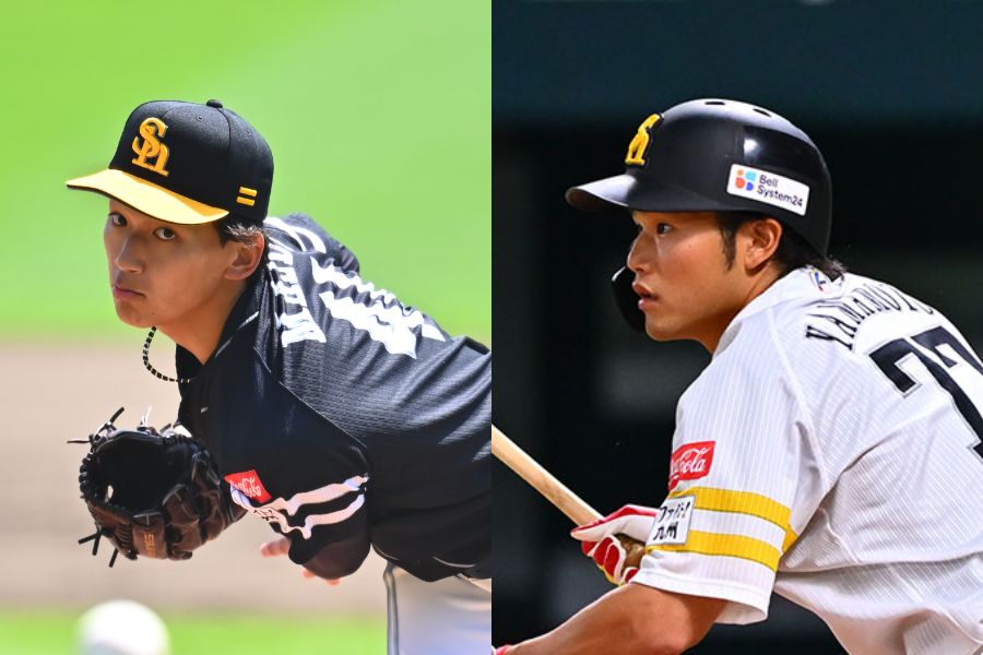 ソフトバンク・前田悠伍（左）と山本恵大【写真：古川剛伊】