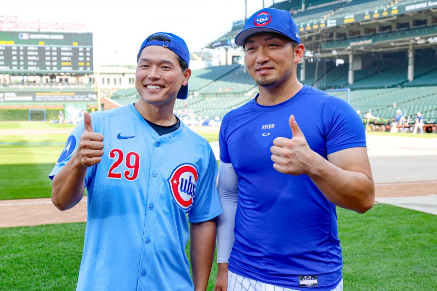動画クリエイターのバヤシさん（左）とカブス・鈴木誠也【写真：ロイター】