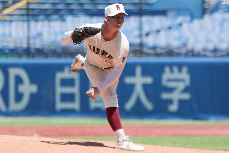 国士舘戦に先発した早実・中村心大【写真：岡部直樹】