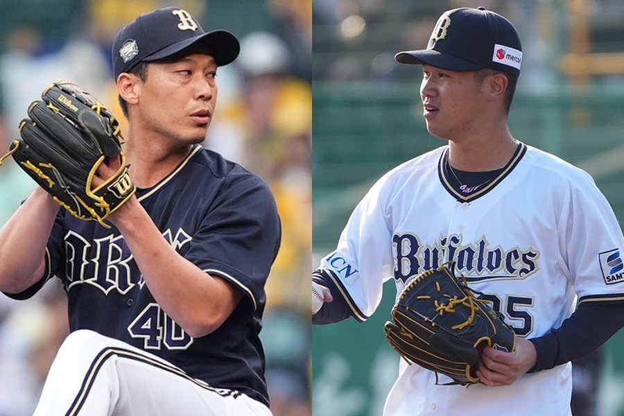 オリックス・岩嵜翔（左）と才木海翔【写真：小林靖、冨田成美】