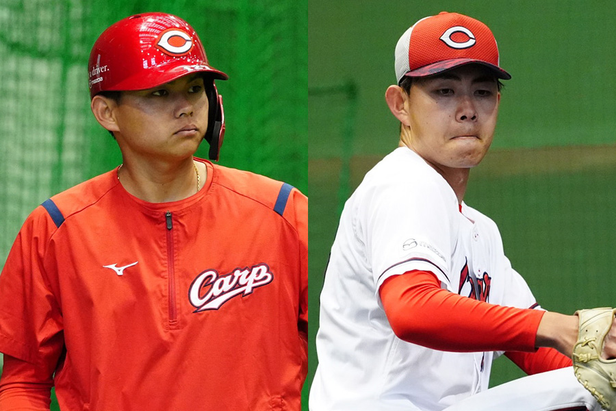 支配下登録された広島・前川誠太（左）と辻大雅【写真：小林靖】