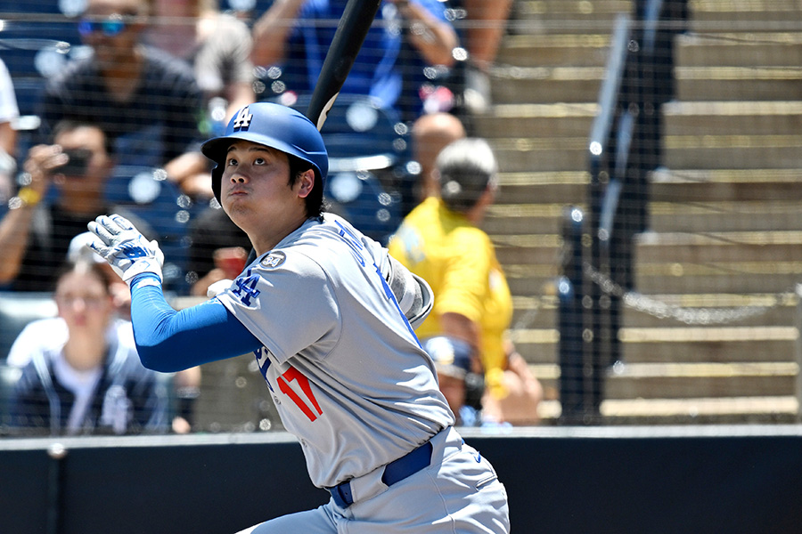 レイズ戦の第5打席で安打を放ったドジャース・大谷翔平【写真：ロイター】