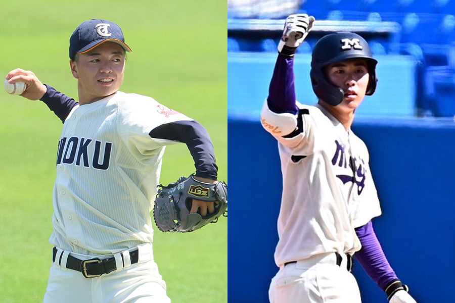 東北福祉大・櫻井頼之介（左）と明大・小島大河【写真：加治屋友輝、小林靖】