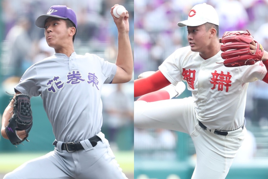 先発した花巻東・萬谷堅心（左）と智辯和歌山・渡辺颯人【写真：加治屋友輝】