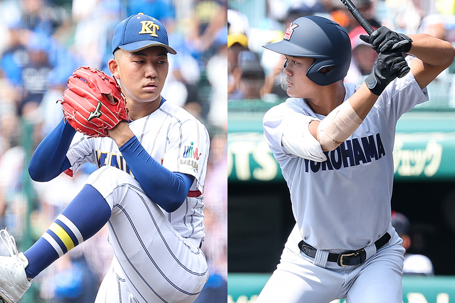 健大高崎・石垣元気（左）と横浜・阿部葉太【写真：加治屋友輝】