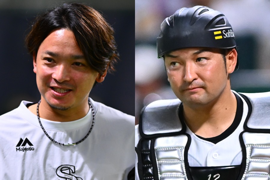 ソフトバンク・東浜巨(左)と嶺井博希【写真:古川剛伊】