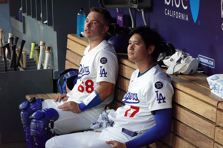 レッズ戦でバッテリーを組んだドジャース・大谷翔平（右）とダルトン・ラッシング【写真：ロイター】