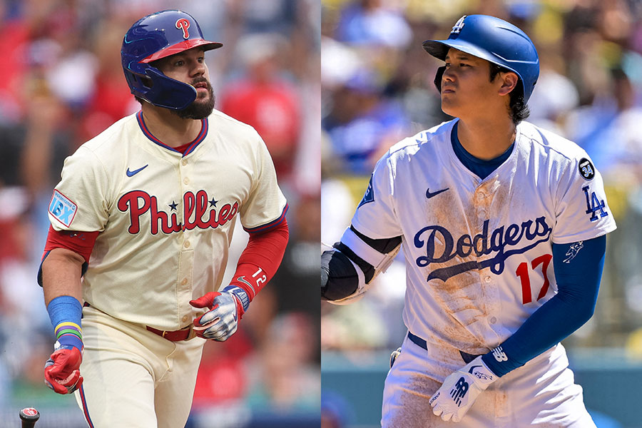 ドジャース・大谷翔平（右）とフィリーズのカイル・シュワーバー【写真：ロイター】