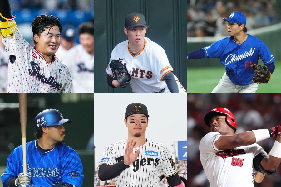 「月間JERAセ・リーグAWARD」8月度大賞の候補6選手【写真：小林靖、栗木一考、古川剛伊、湯浅大】