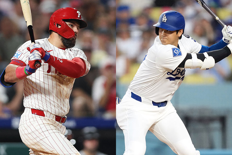 ドジャース・大谷翔平（右）とフィリーズのカイル・シュワーバー【写真：ロイター】