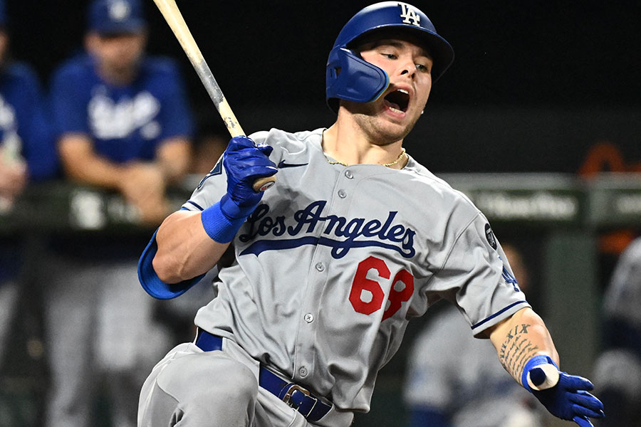 オリオールズ戦で自打球を受けたドジャースのダルトン・ラッシング【写真：ロイター】