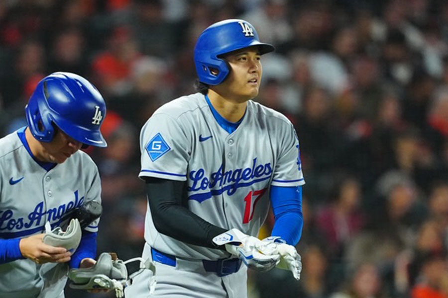 第2打席で四球を選んだドジャース・大谷翔平【写真:荒川祐史】