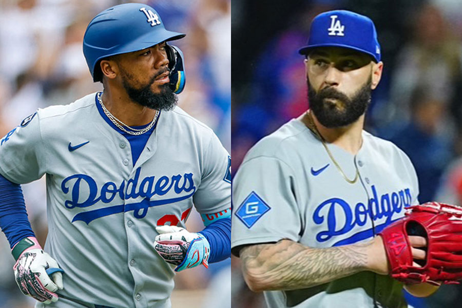 ドジャースのテオスカー・ヘルナンデス（左）とタナー・スコット【写真：ロイター、荒川祐史】