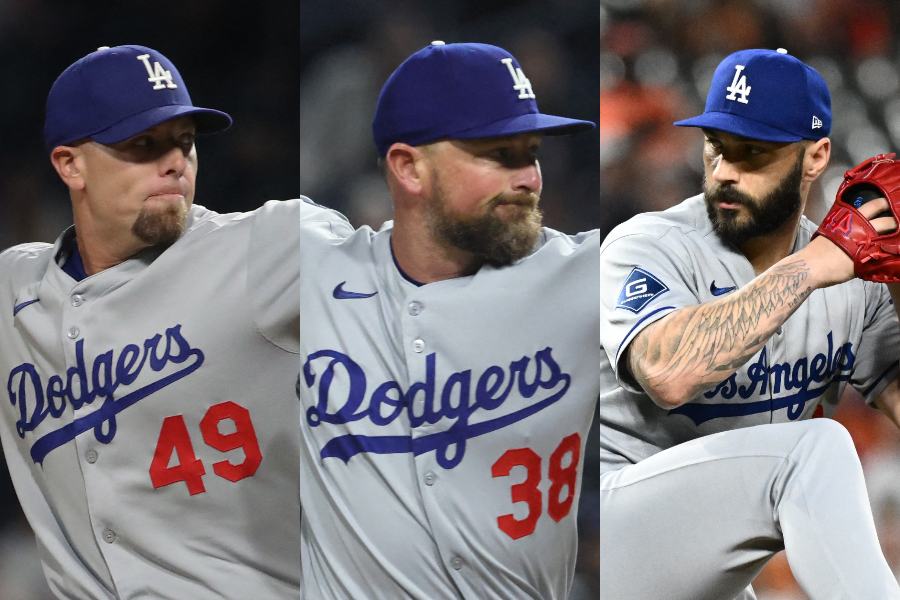 ドジャースのブレイク・トレイネン、カービー・イエーツ、タナー・スコット（左から）【写真：ロイター】