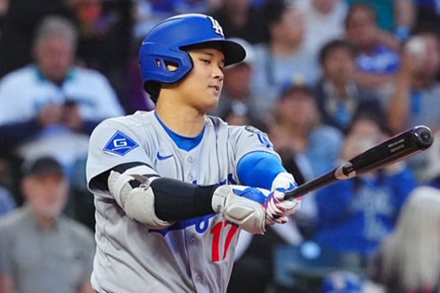 第1打席は三振で終わったドジャース・大谷翔平【写真：荒川祐史】