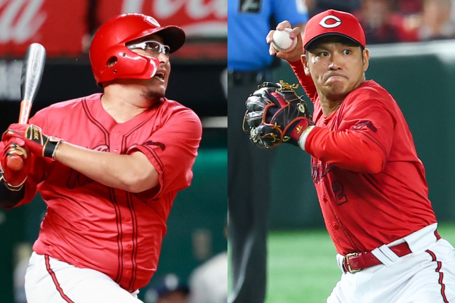 広島の松山竜平（左）と田中広輔【写真：小池義弘、加治屋友輝】