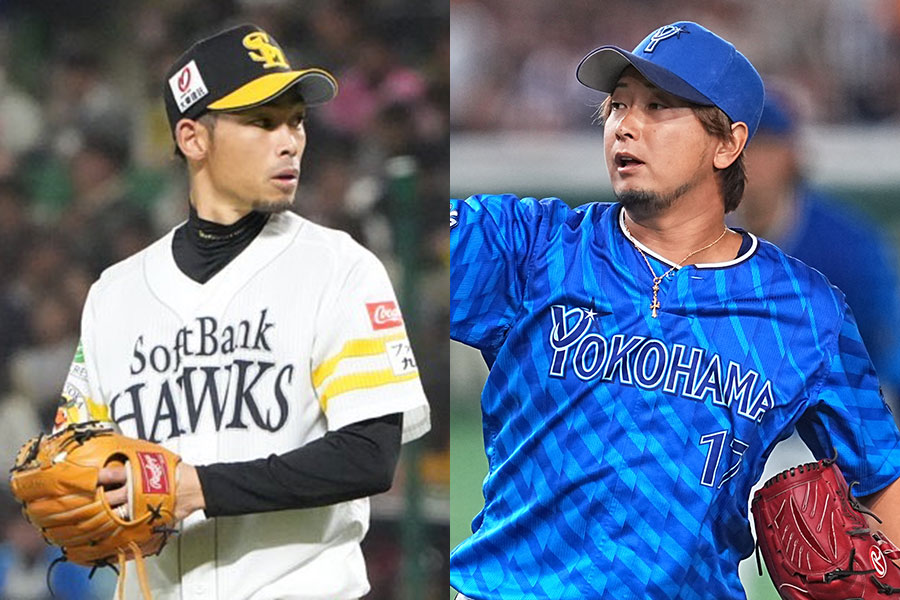 ソフトバンク・又吉克樹（左）とDeNA・三嶋一輝【写真：冨田成美、イワモトアキト】