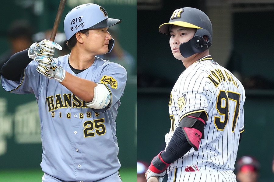 阪神から戦力外となった渡邉諒（左）と野口恭佑【写真：小林靖】