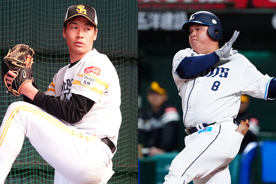 ソフトバンク・武田翔太（左）と西武・渡部健人【写真：竹村岳、小林靖】