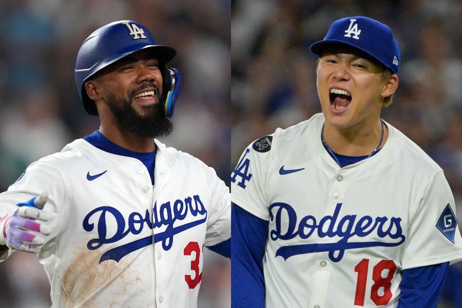 ドジャース・テオスカー・ヘルナンデス（左）と山本由伸【写真：ロイター】