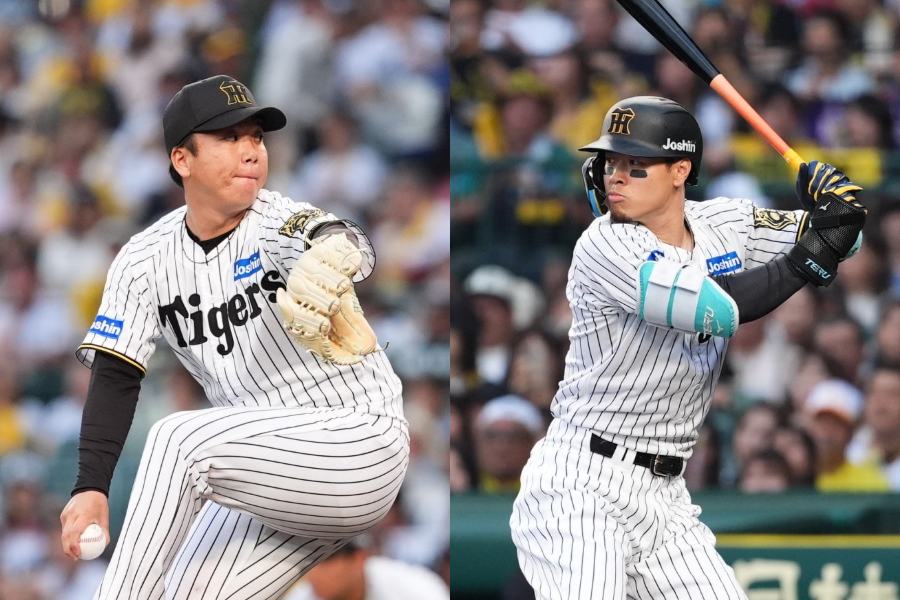 阪神・村上頌樹(左)と佐藤輝明【写真:小林靖】